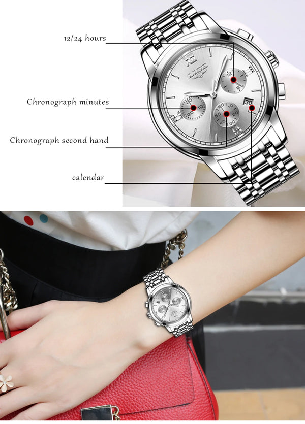 details chronographes - Montre Femme Luxe Chronographe LIGE AVIATOR - Couleurs Lagon
