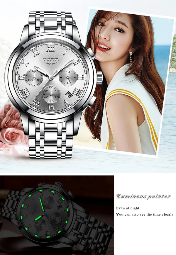 lisibilite nocturne - Montre Femme Luxe Chronographe LIGE AVIATOR - Couleurs Lagon