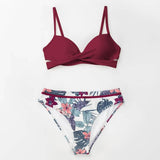 avant à plat - Bikini Push Up Floral Croisé Bordeau - Couleurs Lagon