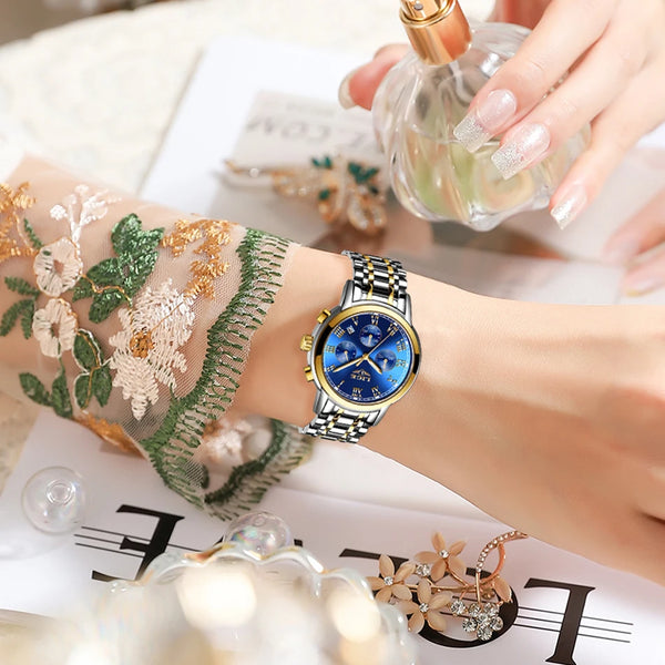 acier cadran bleu liseret or 3 - Montre Femme Luxe Chronographe LIGE AVIATOR - Couleurs Lagon