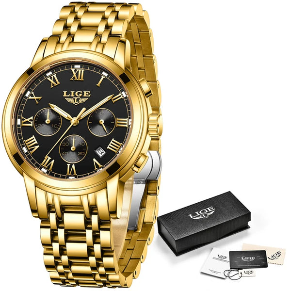 tout en or cadran noir - Montre Femme Luxe Chronographe LIGE AVIATOR - Couleurs Lagon