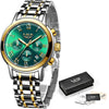 acier cadran vert liseret or - Montre Femme Luxe Chronographe LIGE AVIATOR - Couleurs Lagon