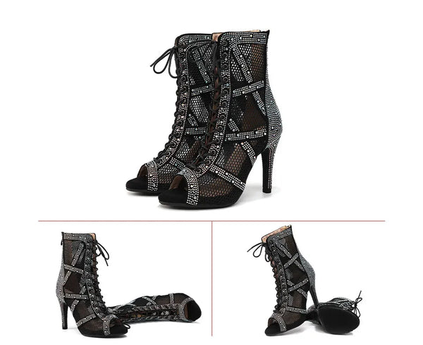 show noir - Chaussures de Danse Latine à Talons Hauts – Modèle LUNA II Strass Styletto Marron - Couleurs Lagon