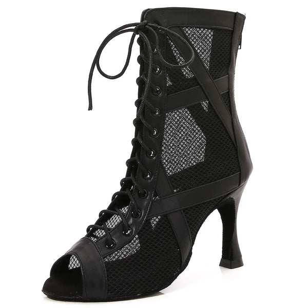 gros plan gauche - Chaussures de Danse Latine Noires à Talons Hauts – Modèle LUNA - Couleurs Lagon