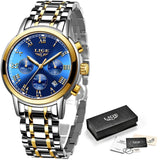 acier cadran bleu liseret or - Montre Femme Luxe Chronographe LIGE AVIATOR - Couleurs Lagon