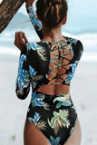 gros plan de dos - Combinaison Lycra Rashguard Manches Longues Dos Nu CrissCross Bleu Floral - Couleurs Lagon