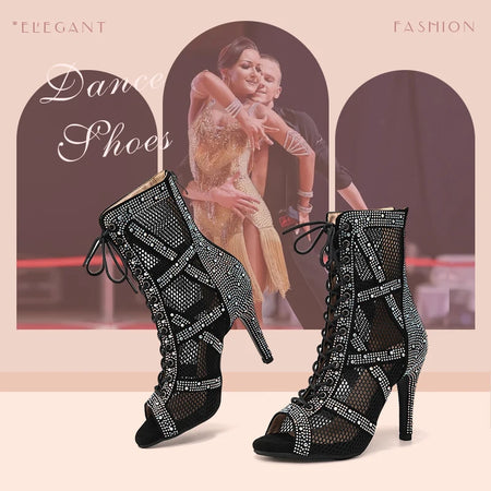 presentation - Chaussures de Danse Latine à Talons Hauts – Modèle LUNA II Strass Styletto Noir - Couleurs Lagon