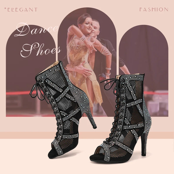 presentation - Chaussures de Danse Latine à Talons Hauts – Modèle LUNA II Strass Styletto Noir - Couleurs Lagon
