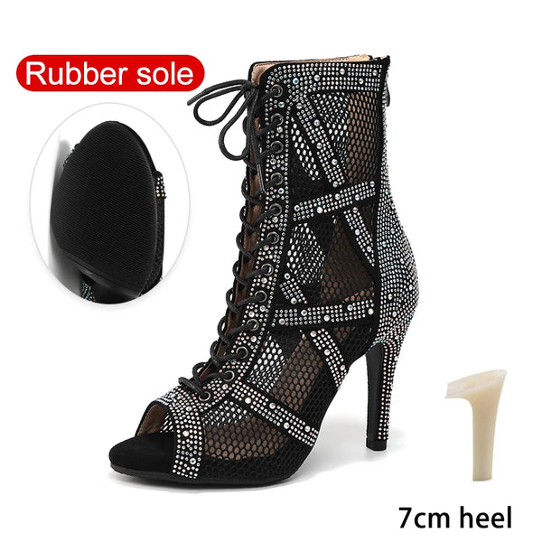 PU noir 7 styletto - Chaussures de Danse Latine à Talons Hauts – Modèle LUNA II Strass Styletto Noir - Couleurs Lagon