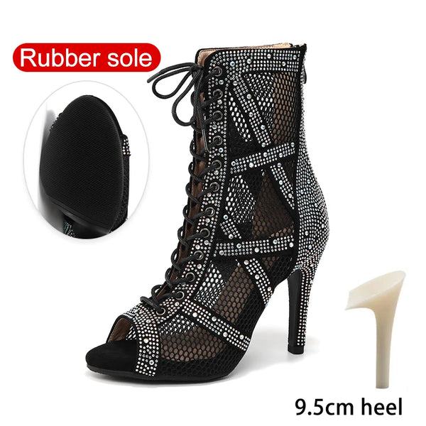 rubber 9.5 noir - Chaussures de Danse Latine à Talons Hauts – Modèle LUNA II Strass Styletto Marron - Couleurs Lagon