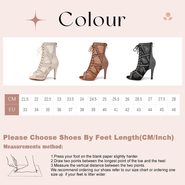 couleurs et tailles - Chaussures de Danse Latine à Talons Hauts – Modèle LUNA II Strass Styletto Marron - Couleurs Lagon