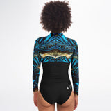 Combinaison surf femme manches longues Bénitier Bleu Océan — vue dos — MITI Couleurs Lagon