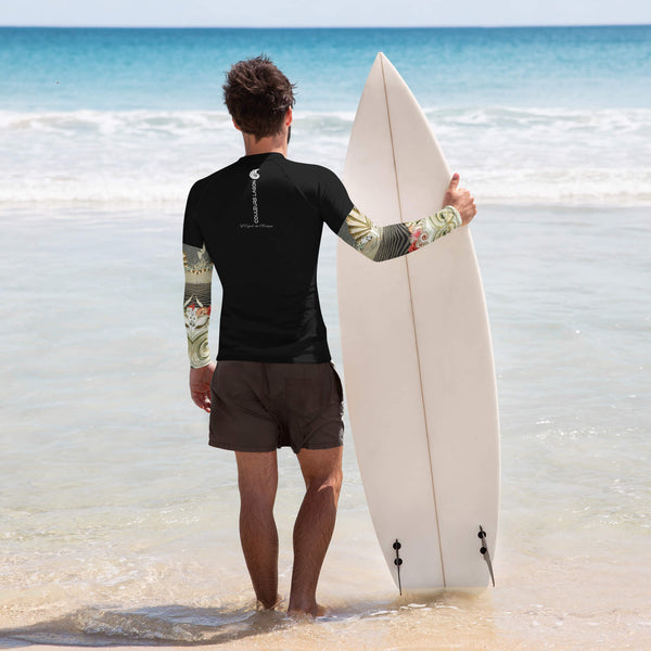 dos surf plage - Lycra Compression Homme UV50+ NOIR Manchette Coquillage - Couleurs Lagon