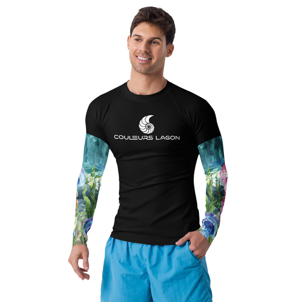 avant - Lycra Compression Homme UV50+ NOIR Manchette Algues & Meduses - Couleurs Lagon