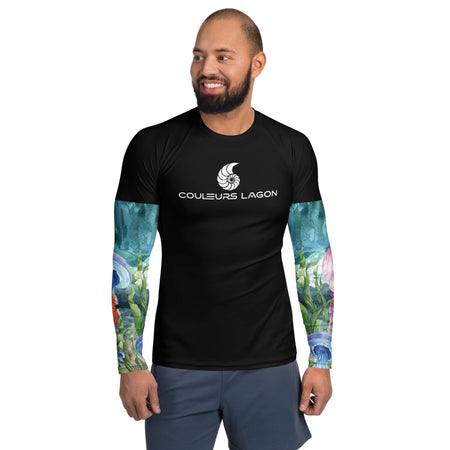 avant - Lycra Compression Homme UV50+ NOIR Manchette Algues & Meduses - Couleurs Lagon