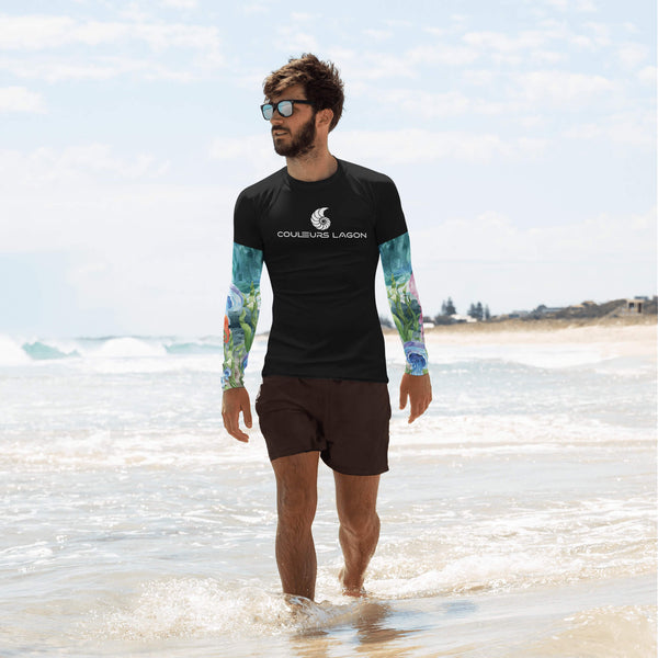 avant plage - Lycra Compression Homme UV50+ NOIR Manchette Algues & Meduses - Couleurs Lagon
