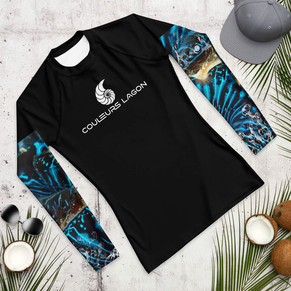av a plat - Lycra Compression Homme UV50+ NOIR Manchette Benitier Bleu - Couleurs Lagon
