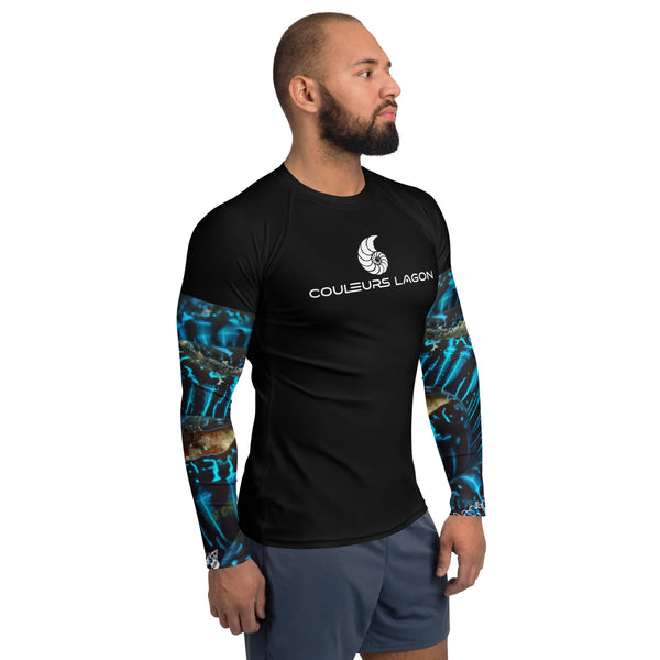 av D - Lycra Compression Homme UV50+ NOIR Manchette Benitier Bleu - Couleurs Lagon