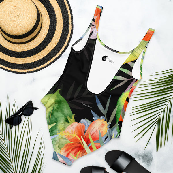 Monokini hibiscus noir coupe brésilienne dos — Couleurs Lagon