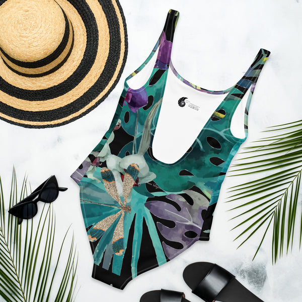 Maillot de Bain 1 Pièce Couleurs Lagon NOIR FLORALE LIBELLULE II
