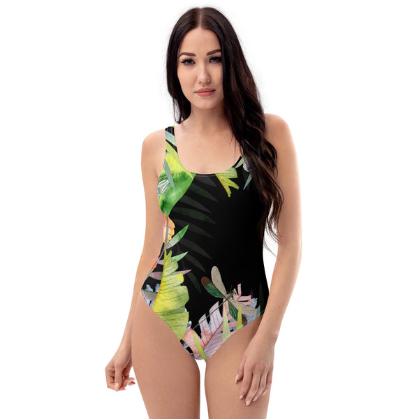 Maillot de bain 1 pièce UPF50+ motif hibiscus noir — avant Couleurs Lagon