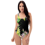 Maillot de bain 1 pièce UPF50+ motif hibiscus noir — avant Couleurs Lagon
