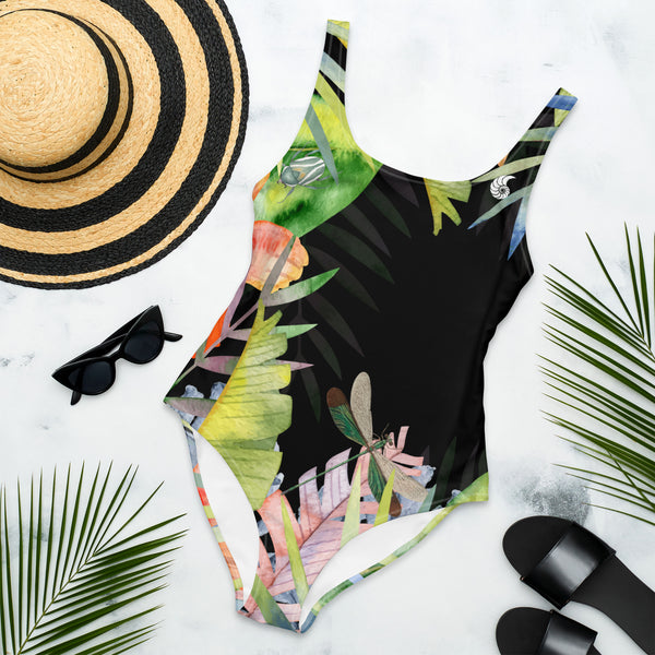 Maillot bain 1 pièce femme hibiscus noir UPF50+ — avant Couleurs Lagon Nouméa