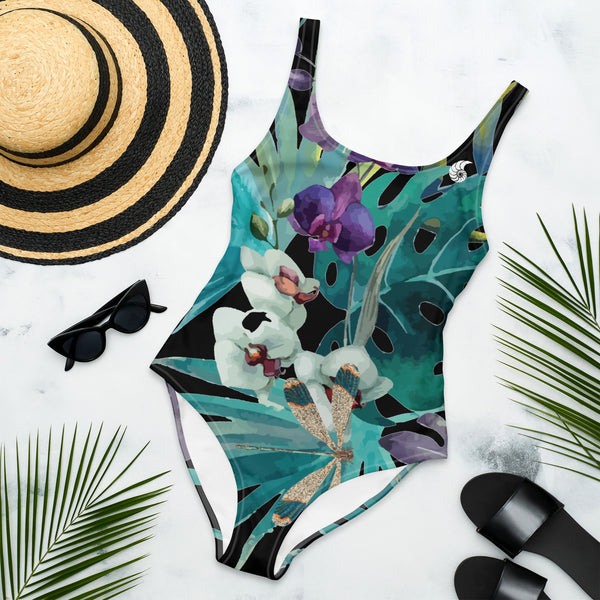Maillot de Bain 1 Pièce Couleurs Lagon NOIR FLORALE LIBELLULE II
