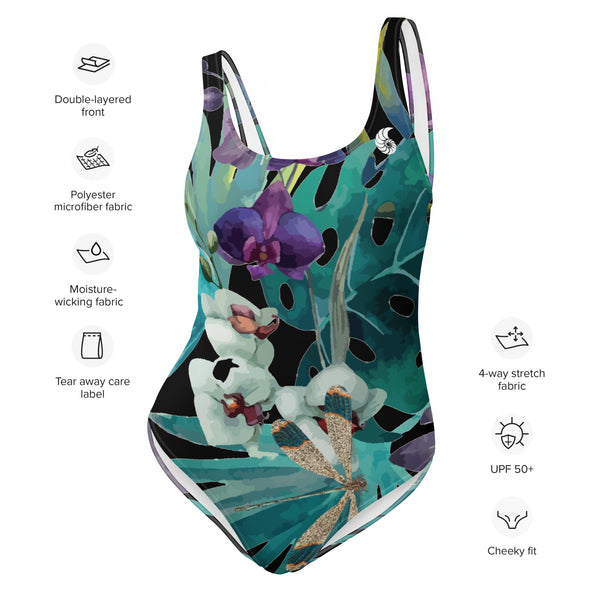 Maillot de Bain 1 Pièce Couleurs Lagon NOIR FLORALE LIBELLULE II