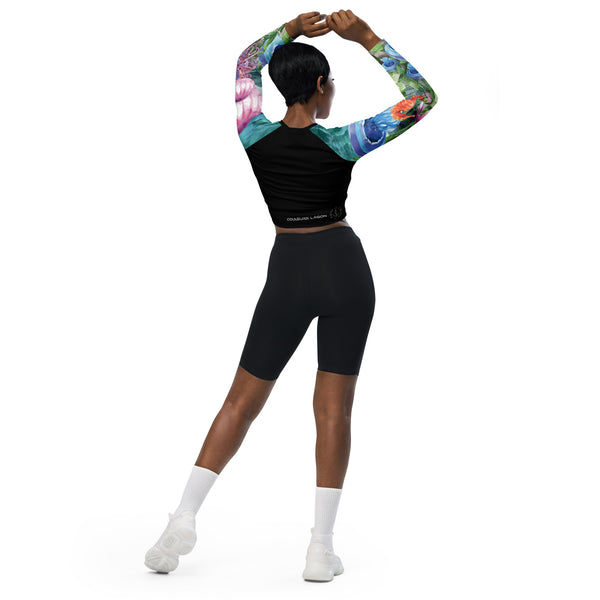 dos et shorty - Crop Top Lycra Femme Manche Longue Recyclé SPF50 Bleu Marine Meduse - Couleurs Lagon