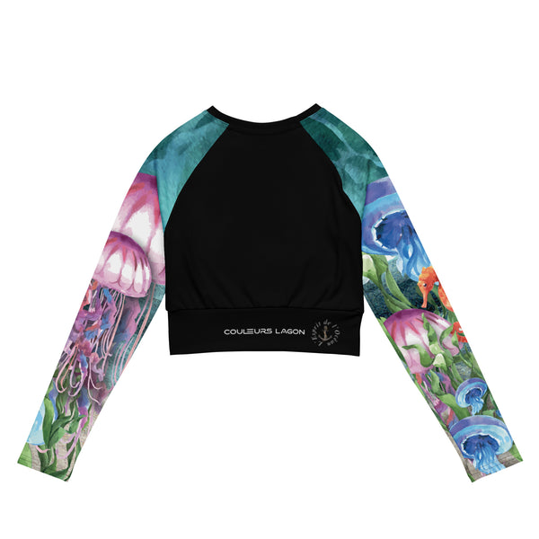 dos a plat - Crop Top Lycra Femme Manche Longue Recyclé SPF50 Bleu Marine Meduse - Couleurs Lagon