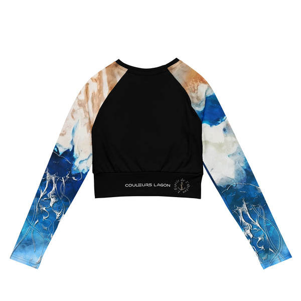 dos à plat - Crop Top Lycra Femme Manche Longue Recyclé SPF50 Marron Bleu Marine - Couleurs Lagon