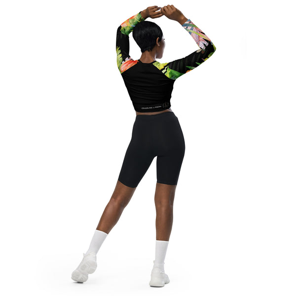 dos et shorty - Crop Top Lycra Femme Manche Longue Recyclé SPF50 Noir Floral Hibiscus - Couleurs Lagon