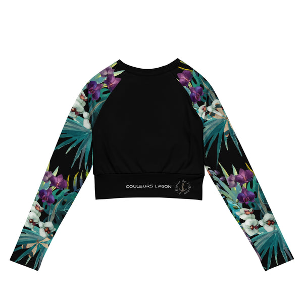 dos a plat - Crop Top Lycra Femme Manche Longue Recyclé SPF50 Noir Floral Libellule - Couleurs Lagon