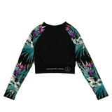 dos a plat - Crop Top Lycra Femme Manche Longue Recyclé SPF50 Noir Floral Libellule - Couleurs Lagon