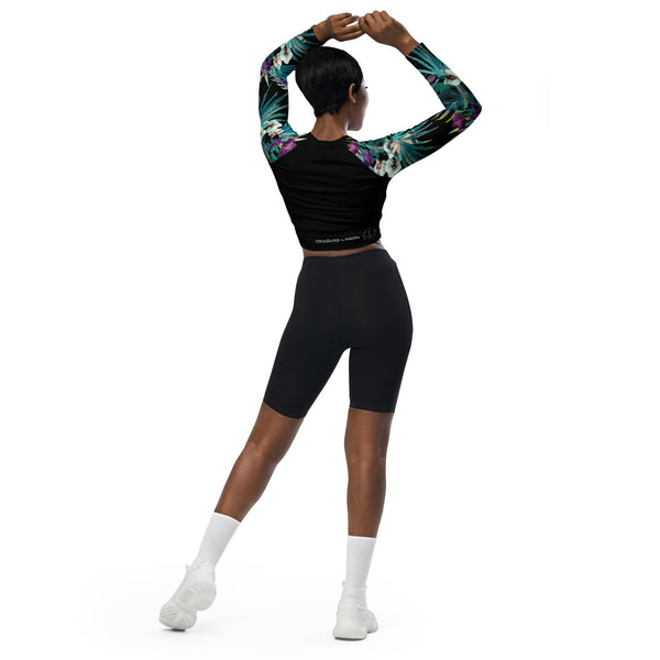 dos et shorty - Crop Top Lycra Femme Manche Longue Recyclé SPF50 Noir Floral Libellule - Couleurs Lagon