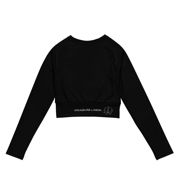 dos à plat - Crop Top Lycra Femme Manche Longue Recyclé SPF50 Noir - Couleurs Lagon