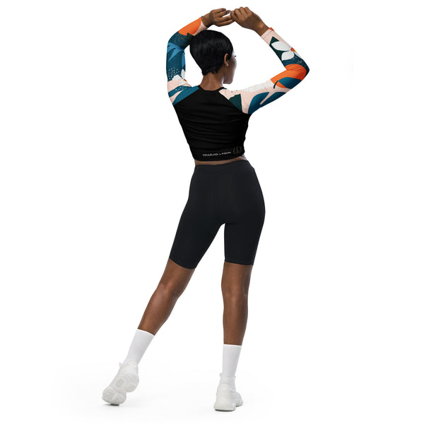 dos en shorty - Crop Top Lycra Femme Manche Longue Recyclé SPF50 Florale Frangipanier - Couleurs Lagon