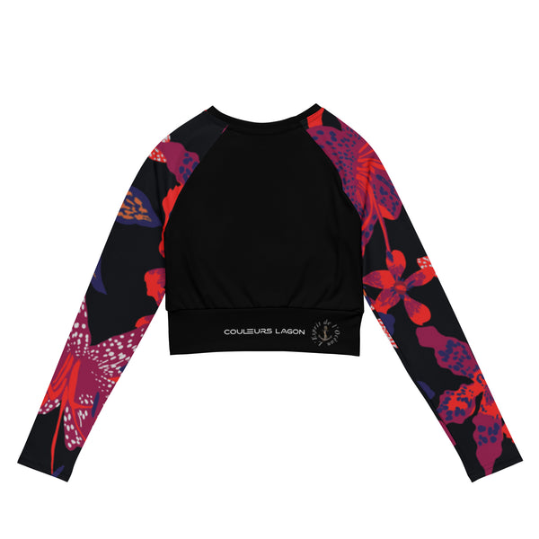 dos à plat - Crop Top Lycra Femme Manche Longue Recyclé SPF50 Noir Hibiscus - Couleurs Lagon