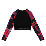 dos à plat - Crop Top Lycra Femme Manche Longue Recyclé SPF50 Noir Hibiscus - Couleurs Lagon