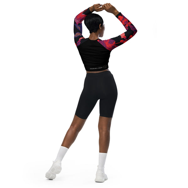 dos en shorty - Crop Top Lycra Femme Manche Longue Recyclé SPF50 Noir Hibiscus - Couleurs Lagon