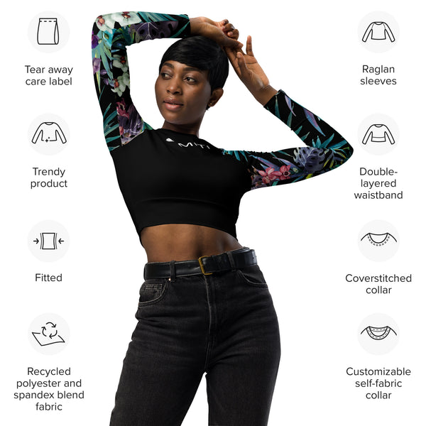 caracteristiques - Crop Top Lycra Femme Manche Longue Recyclé SPF50 Noir Floral Libellule - Couleurs Lagon