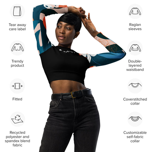 caracteristiques - Crop Top Lycra Femme Manche Longue Recyclé SPF50 Florale Frangipanier - Couleurs Lagon