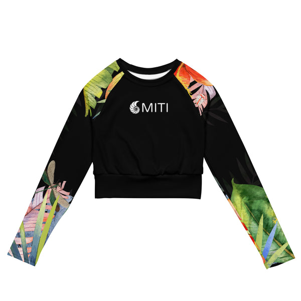 avant a plat - Crop Top Lycra Femme Manche Longue Recyclé SPF50 Noir Floral Hibiscus - Couleurs Lagon