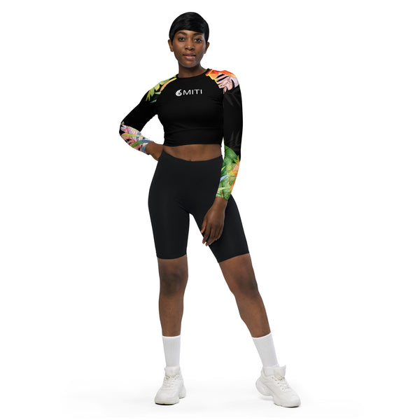 avant et shorty - Crop Top Lycra Femme Manche Longue Recyclé SPF50 Noir Floral Hibiscus - Couleurs Lagon