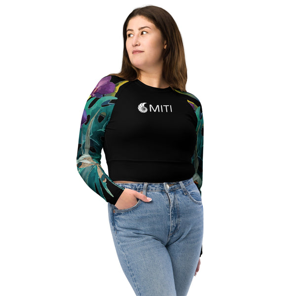 avant en jean - Crop Top Lycra Femme Manche Longue Recyclé SPF50 Noir Floral Libellule 2 - Couleurs Lagon