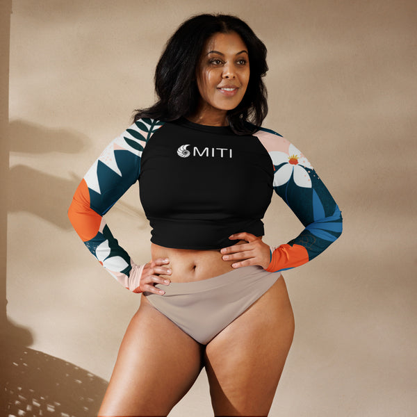 avant grande taille - Crop Top Lycra Femme Manche Longue Recyclé SPF50 Florale Frangipanier - Couleurs Lagon