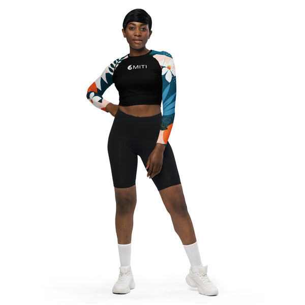 avant en shorty - Crop Top Lycra Femme Manche Longue Recyclé SPF50 Florale Frangipanier - Couleurs Lagon