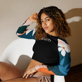 avant gauche - Crop Top Lycra Femme Manche Longue Recyclé SPF50 Florale Frangipanier - Couleurs Lagon