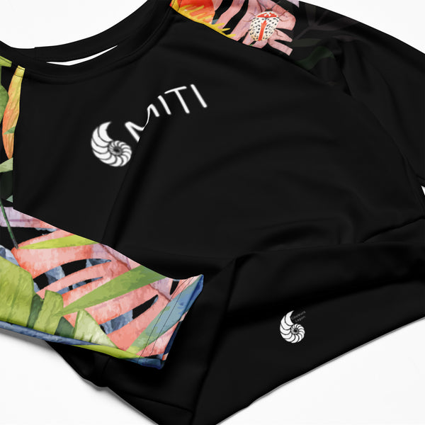 gros plan avant - Crop Top Lycra Femme Manche Longue Recyclé SPF50 Noir Floral Hibiscus - Couleurs Lagon